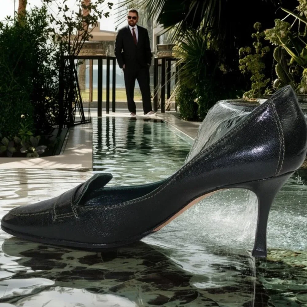 Manolo Blahnik Black Leather Preppy Loafer Pumps, Size 36.5 (US 6.5)
